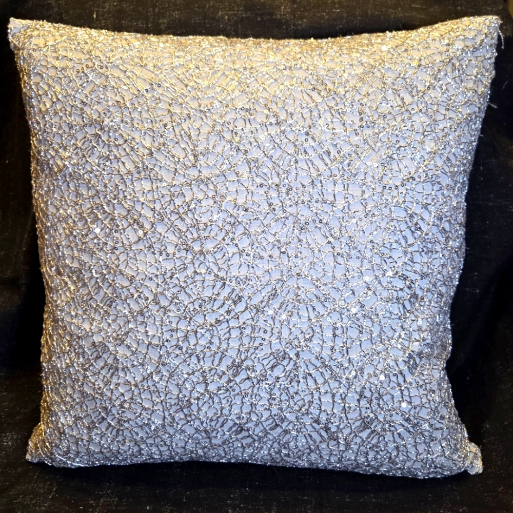 Thro Marlo Lorenz Silver Sequin Lace Beaded Gray Throw Pillow 19x19 Feather